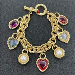 SOLDD Vintage Unsigned Givenchy Etruscan Style Charm Bracelet Hearts Faux Pearls